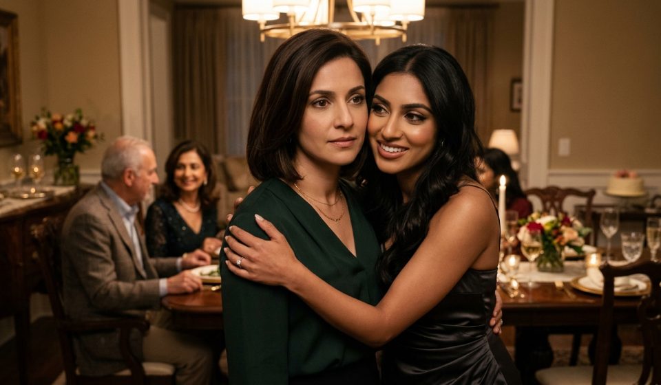 Two adult sisters at a family gathering, one looking cautiously happy while the younger sister watches with a subtle expression of jealousy.