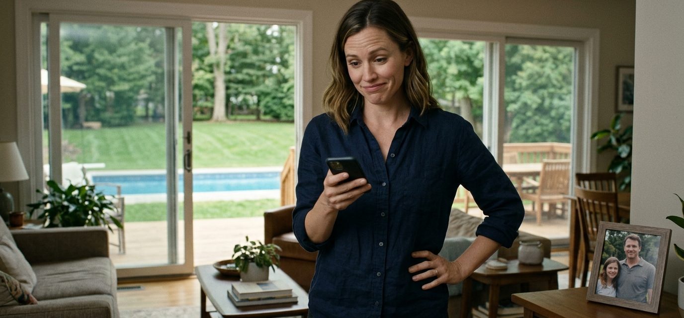 A frustrated woman reads her brother's unexpected family reunion announcement on her phone inside her spacious home overlooking a swimming pool.