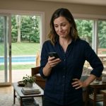 A frustrated woman reads her brother's unexpected family reunion announcement on her phone inside her spacious home overlooking a swimming pool.
