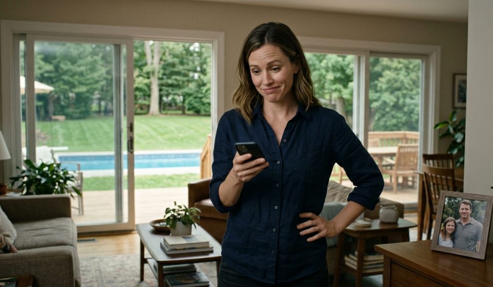 A frustrated woman reads her brother's unexpected family reunion announcement on her phone inside her spacious home overlooking a swimming pool.