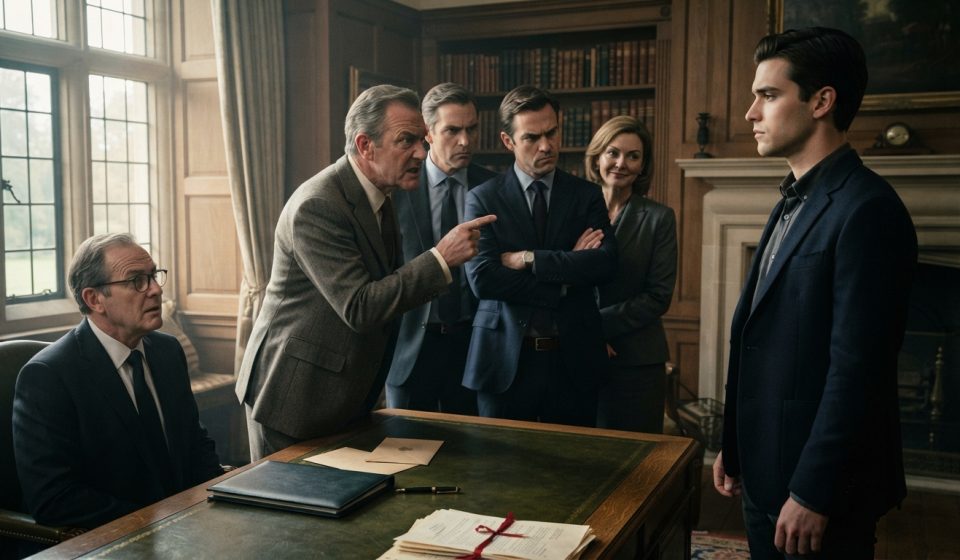 Father confronting his adult son during an inheritance meeting and demanding a DNA test.