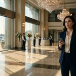 A luxury hotel owner holding her phone in shock inside a bright waterfront lobby prepared for her brother's wedding.