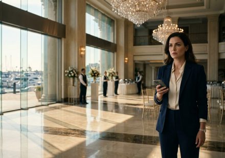 A luxury hotel owner holding her phone in shock inside a bright waterfront lobby prepared for her brother's wedding.