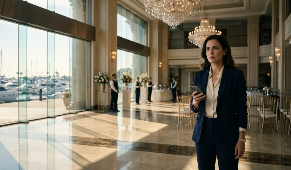 A luxury hotel owner holding her phone in shock inside a bright waterfront lobby prepared for her brother's wedding.