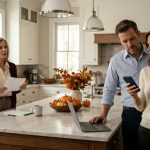 A frustrated woman reads an unexpected Thanksgiving menu on her phone while her husband looks over her shoulder in their modern family kitchen.