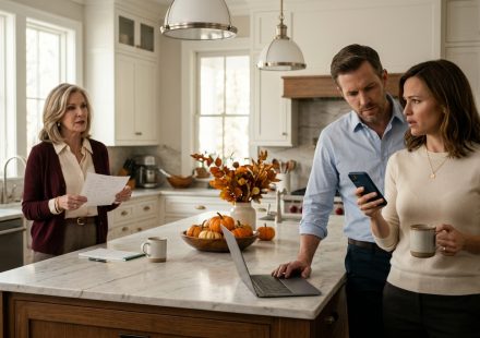 A frustrated woman reads an unexpected Thanksgiving menu on her phone while her husband looks over her shoulder in their modern family kitchen.