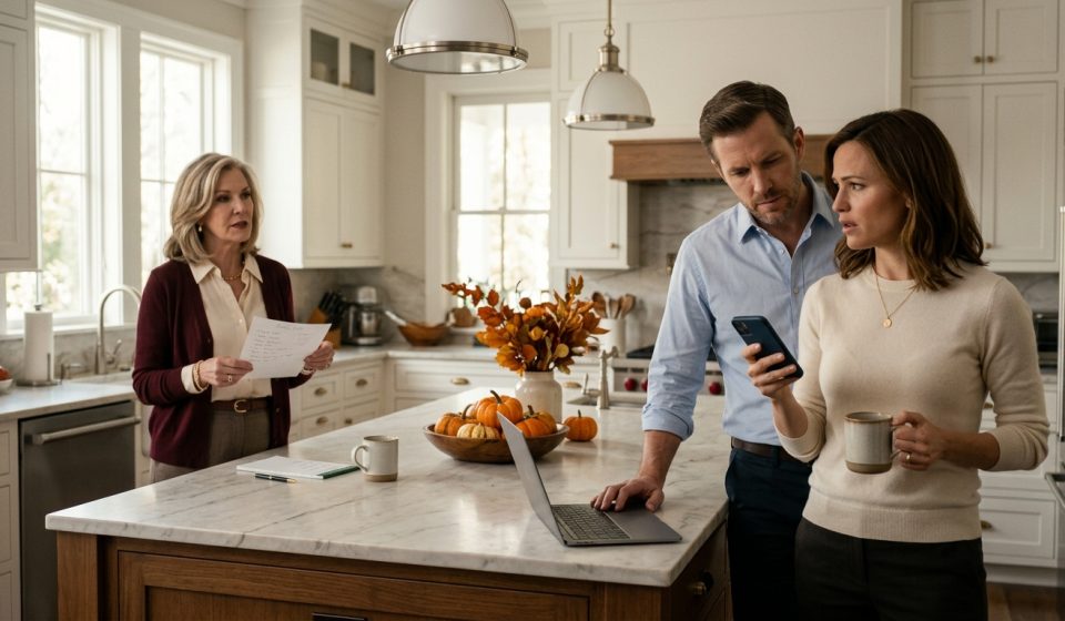 A frustrated woman reads an unexpected Thanksgiving menu on her phone while her husband looks over her shoulder in their modern family kitchen.
