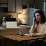A worried 28-year-old woman sits at a modest kitchen table, holding her phone beside an unpaid electricity bill after asking her father for financial help.