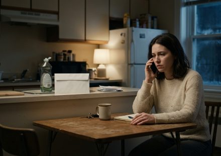 A worried 28-year-old woman sits at a modest kitchen table, holding her phone beside an unpaid electricity bill after asking her father for financial help.