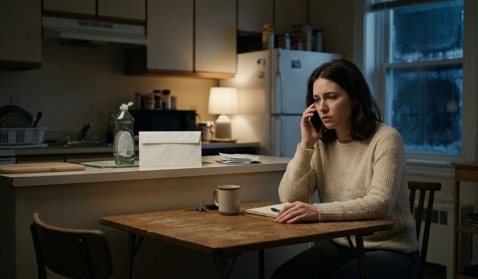 A worried 28-year-old woman sits at a modest kitchen table, holding her phone beside an unpaid electricity bill after asking her father for financial help.