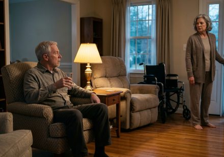 A shocked elderly husband watches his wife stand and walk across their living room while her empty wheelchair sits beside a recliner.