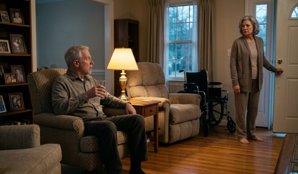 A shocked elderly husband watches his wife stand and walk across their living room while her empty wheelchair sits beside a recliner.