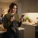 Woman standing shocked in her kitchen while listening to an accidentally sent family video on her phone