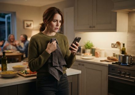 Woman standing shocked in her kitchen while listening to an accidentally sent family video on her phone
