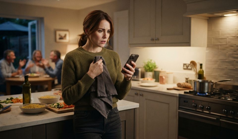 Woman standing shocked in her kitchen while listening to an accidentally sent family video on her phone