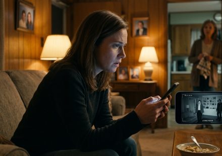 A shocked homeowner watches security-camera footage of three unfamiliar visitors inside her duplex while sitting on her parents' living-room couch.