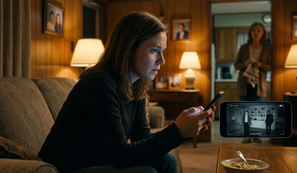 A shocked homeowner watches security-camera footage of three unfamiliar visitors inside her duplex while sitting on her parents' living-room couch.