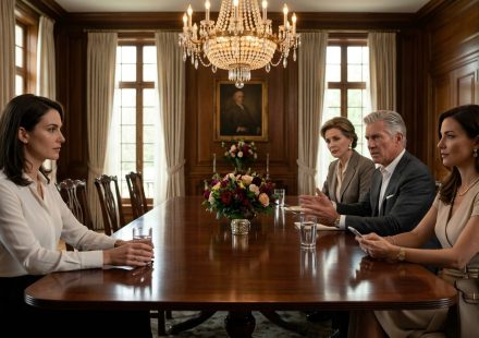 A 32-year-old businesswoman in a white shirt sitting calmly at a luxurious family dining table while her wealthy father and sister criticize her career.