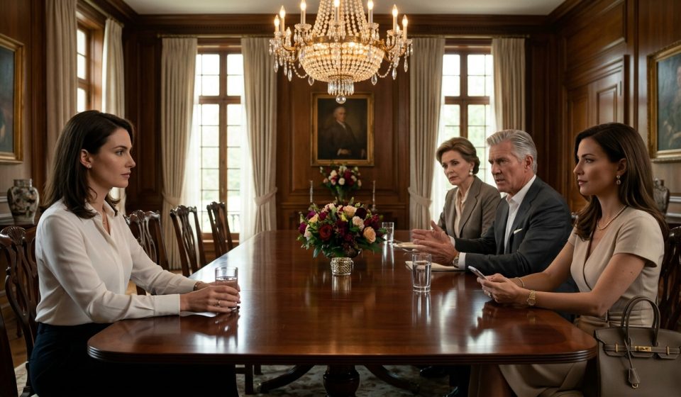 A 32-year-old businesswoman in a white shirt sitting calmly at a luxurious family dining table while her wealthy father and sister criticize her career.