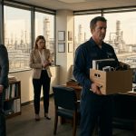 A veteran refinery safety manager holds a cardboard box in his corner office while a younger executive in a suit and an uncomfortable HR representative stand nearby.