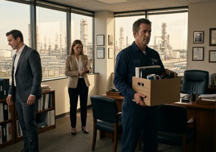 A veteran refinery safety manager holds a cardboard box in his corner office while a younger executive in a suit and an uncomfortable HR representative stand nearby.