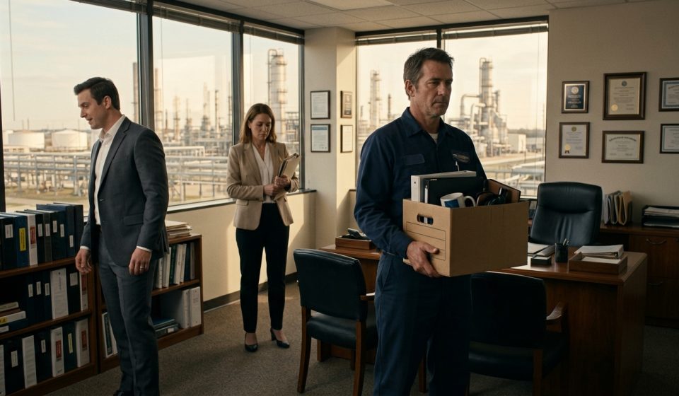 A veteran refinery safety manager holds a cardboard box in his corner office while a younger executive in a suit and an uncomfortable HR representative stand nearby.