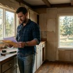 A hardworking man stands inside his inherited rural farmhouse, holding legal documents beside a kitchen counter with tools and a handwritten note, looking stunned by his family's demand.