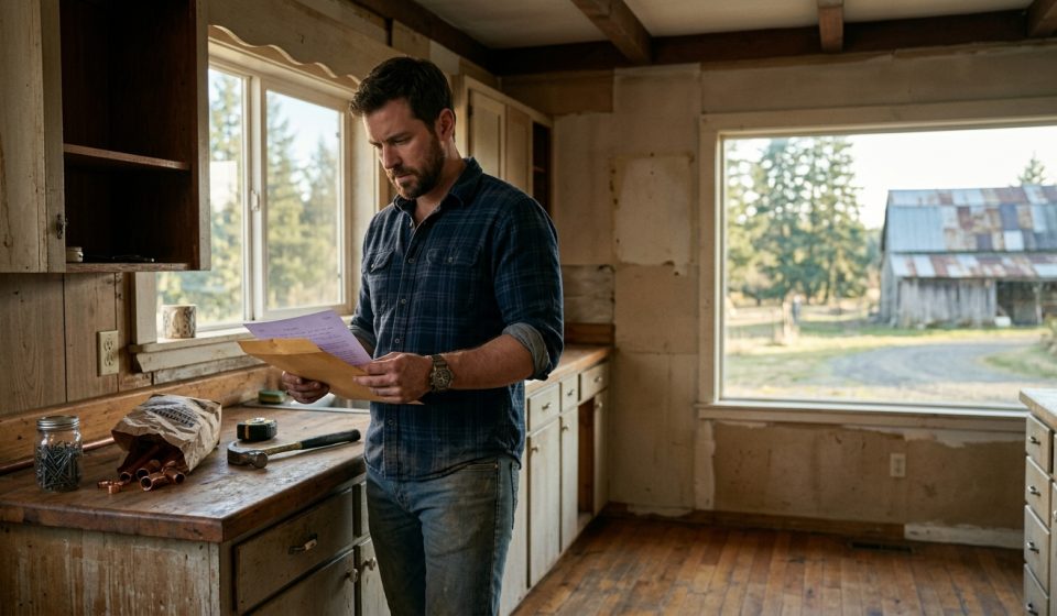 A hardworking man stands inside his inherited rural farmhouse, holding legal documents beside a kitchen counter with tools and a handwritten note, looking stunned by his family's demand.