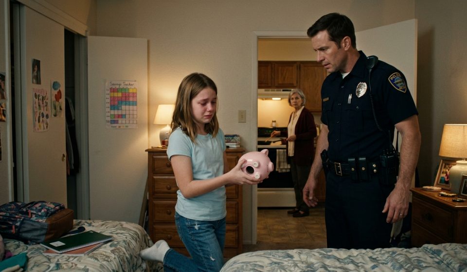 A concerned father in a police uniform comforts his twelve-year-old daughter as she holds an empty pink piggy bank in her bedroom, while her grandmother stands in the kitchen.