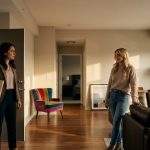 A shocked woman standing in her apartment doorway while her boyfriend's blonde ex-girlfriend confidently rearranges the living room furniture.