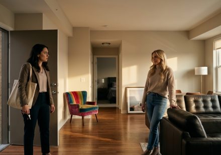 A shocked woman standing in her apartment doorway while her boyfriend's blonde ex-girlfriend confidently rearranges the living room furniture.
