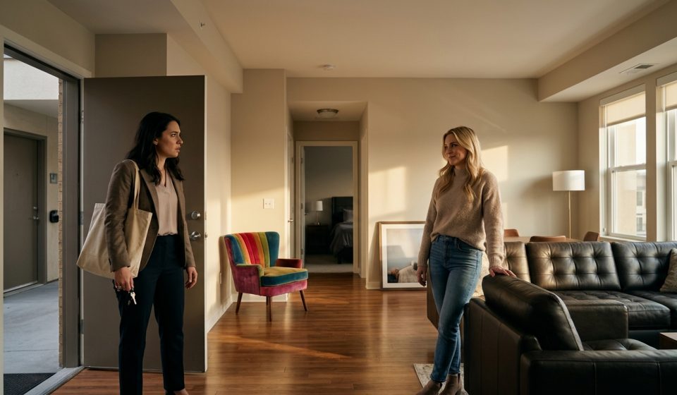 A shocked woman standing in her apartment doorway while her boyfriend's blonde ex-girlfriend confidently rearranges the living room furniture.