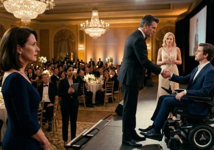 A mother watches her wealthy ex-husband at a Manhattan charity gala as their adult son sits in a powered wheelchair on the illuminated stage.