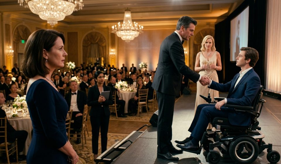 A mother watches her wealthy ex-husband at a Manhattan charity gala as their adult son sits in a powered wheelchair on the illuminated stage.