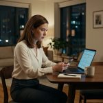 A shocked 34-year-old woman sits at her laptop late at night, reviewing a wedding travel itinerary and realizing her flight and hotel reservations are missing.