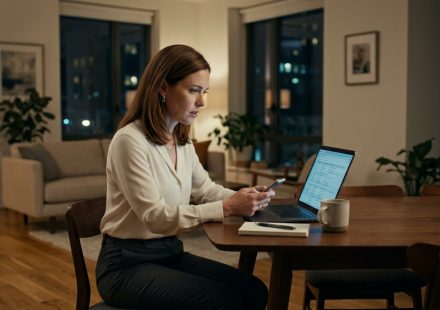 A shocked 34-year-old woman sits at her laptop late at night, reviewing a wedding travel itinerary and realizing her flight and hotel reservations are missing.