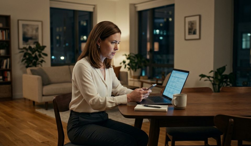 A shocked 34-year-old woman sits at her laptop late at night, reviewing a wedding travel itinerary and realizing her flight and hotel reservations are missing.