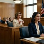 A 34-year-old woman sits calmly beside her attorney in probate court while her stepmother testifies and concerned relatives watch from the gallery.