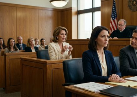A 34-year-old woman sits calmly beside her attorney in probate court while her stepmother testifies and concerned relatives watch from the gallery.