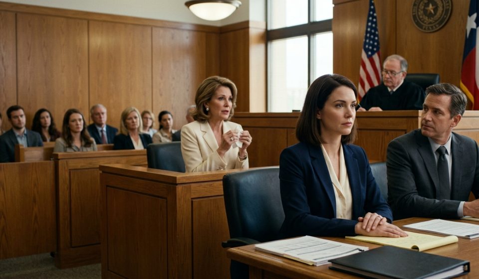 A 34-year-old woman sits calmly beside her attorney in probate court while her stepmother testifies and concerned relatives watch from the gallery.