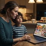 Mother and her young son looking at lavish birthday party photos after discovering money for my sister's kids