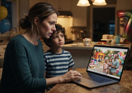 Mother and her young son looking at lavish birthday party photos after discovering money for my sister's kids