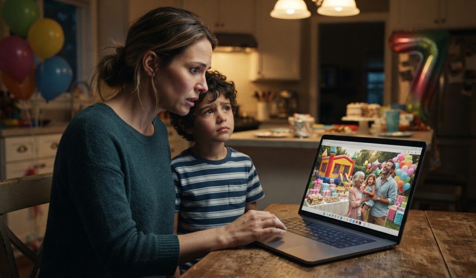 Mother and her young son looking at lavish birthday party photos after discovering money for my sister's kids