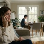 A concerned mother sits in her living room holding a phone during an unexpected call from her estranged parents, while her children remain in the background.