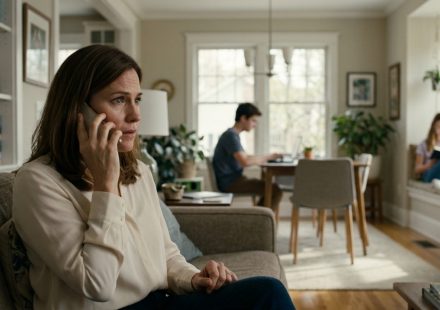 A concerned mother sits in her living room holding a phone during an unexpected call from her estranged parents, while her children remain in the background.