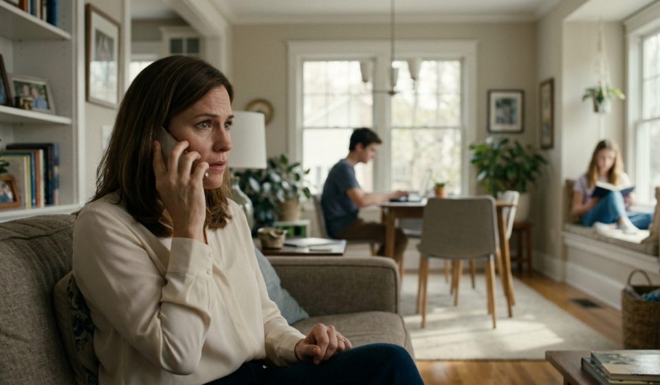 A concerned mother sits in her living room holding a phone during an unexpected call from her estranged parents, while her children remain in the background.