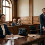 A wealthy brother in court wearing an expensive suit stands beside his attorney while his sister sits calmly alone at the respondent's table.