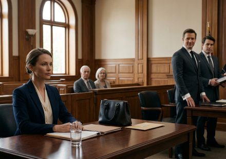 A wealthy brother in court wearing an expensive suit stands beside his attorney while his sister sits calmly alone at the respondent's table.