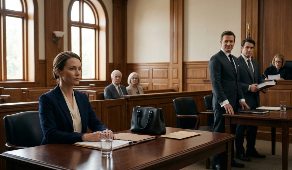 A wealthy brother in court wearing an expensive suit stands beside his attorney while his sister sits calmly alone at the respondent's table.