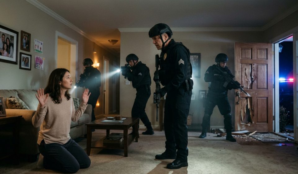 A frightened mother kneels in her living room as armed SWAT officers enter her home at night while a police sergeant approaches her.